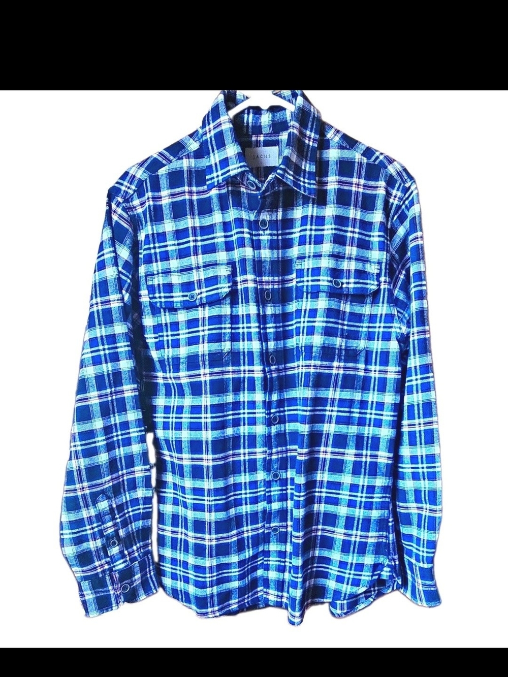 JACHS Blue Plaid Cotton Flannel Long Sleeve Button-Up Shirt w/ Pockets Sz L